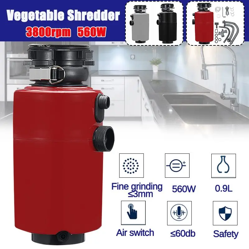 

560W 3800rpm Food Waste Disposer Kitchen Food Garbage Processor Disposal Crusher 900ml Stainless steel Grinder Air Switch 220V