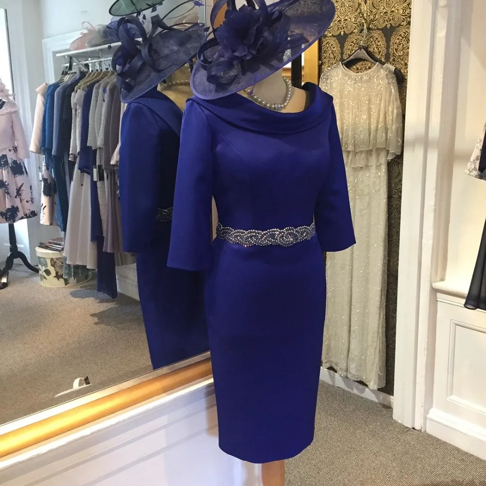 

2019 Royal Blue Mother Of The Bride Dresses Beaded Crystal Belt Tea Length vestido de madrinha Wedding Evening Gowns Prom dress