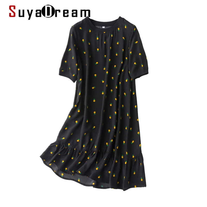 SuyaDream Woman Mini Dress 100%Silk O neck Elegant A-Line Print Dress Women 2022 Summer Butterfly Dresses Silk Clothes Vestidos