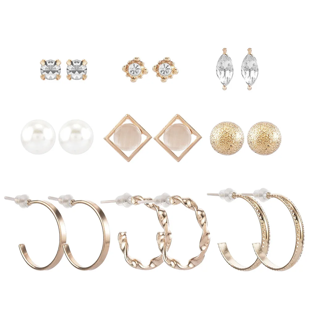 

9/12/36 Pair/Set Fashion Design Women Lady Hoop Round Star Plastic Rhinestone Flower Ear Stud Earring Set Jewelry Gift