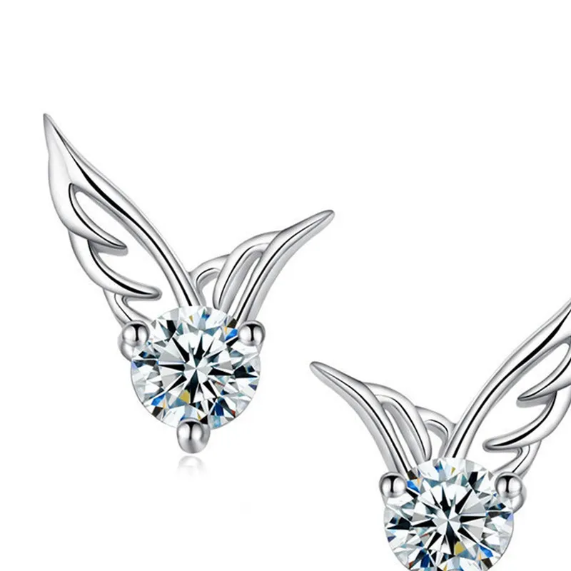 

New Silver Stud Earrings Temperament Female Models Wild Love Angel Wings Zircon Ear Jewelry