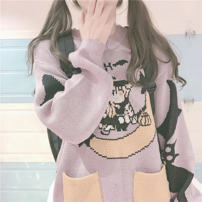 Корейский элегантный стиль аниме узор жаккард круглый воротник вязаный свитер
