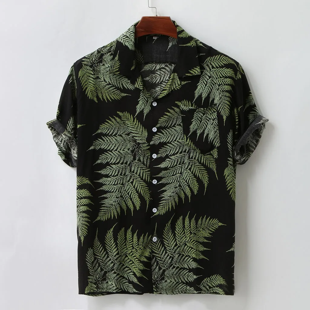 

Aloha Shirt Men Green Leaf Print Hawaiian Tropical Summer Beach Holiday Shirts Short Sleeve Single-breasted Shirt Men Clothing