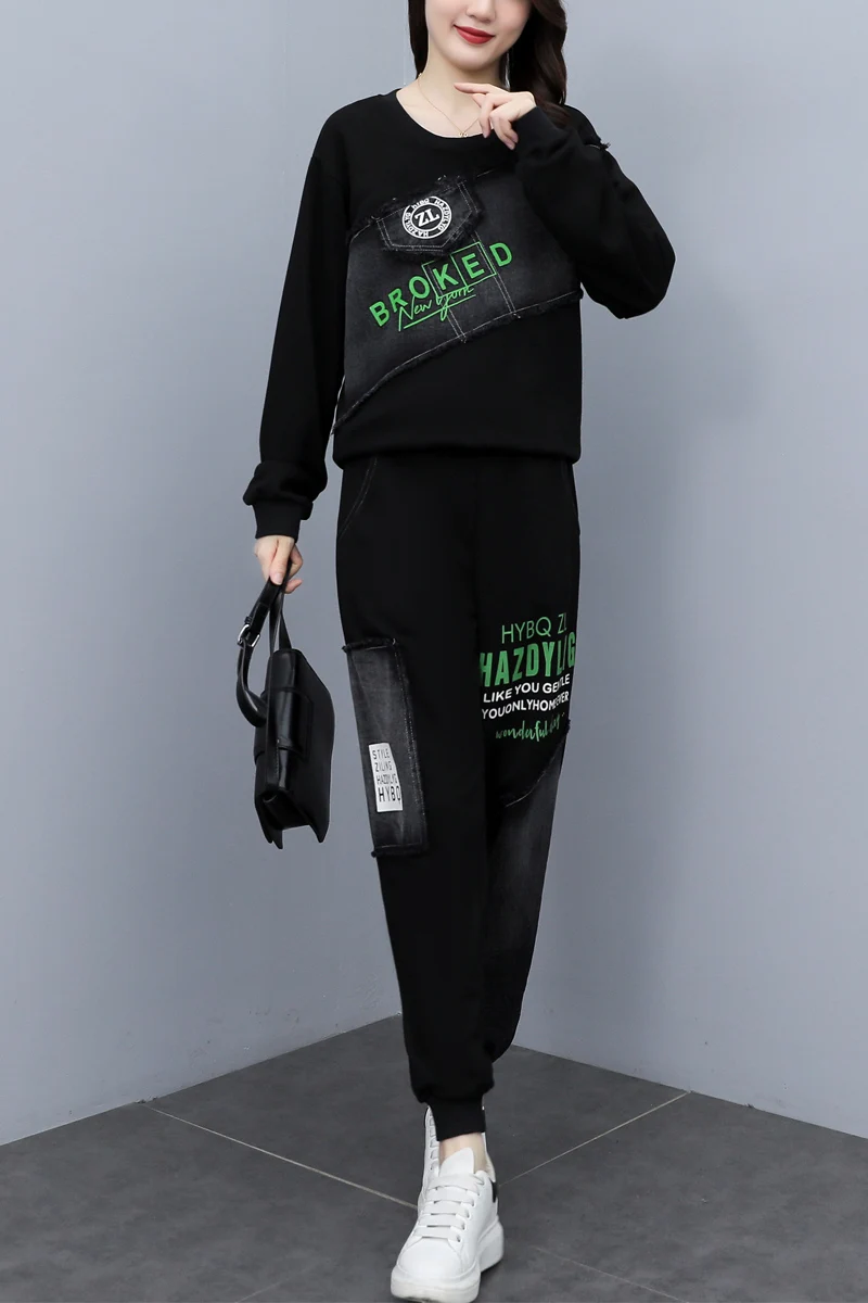 

Casual Denim 2 Piece Set Women Contrast Hoodies+pants Pullover Tracksuit Large Size Tracksuits Ensemble Femme Survetement