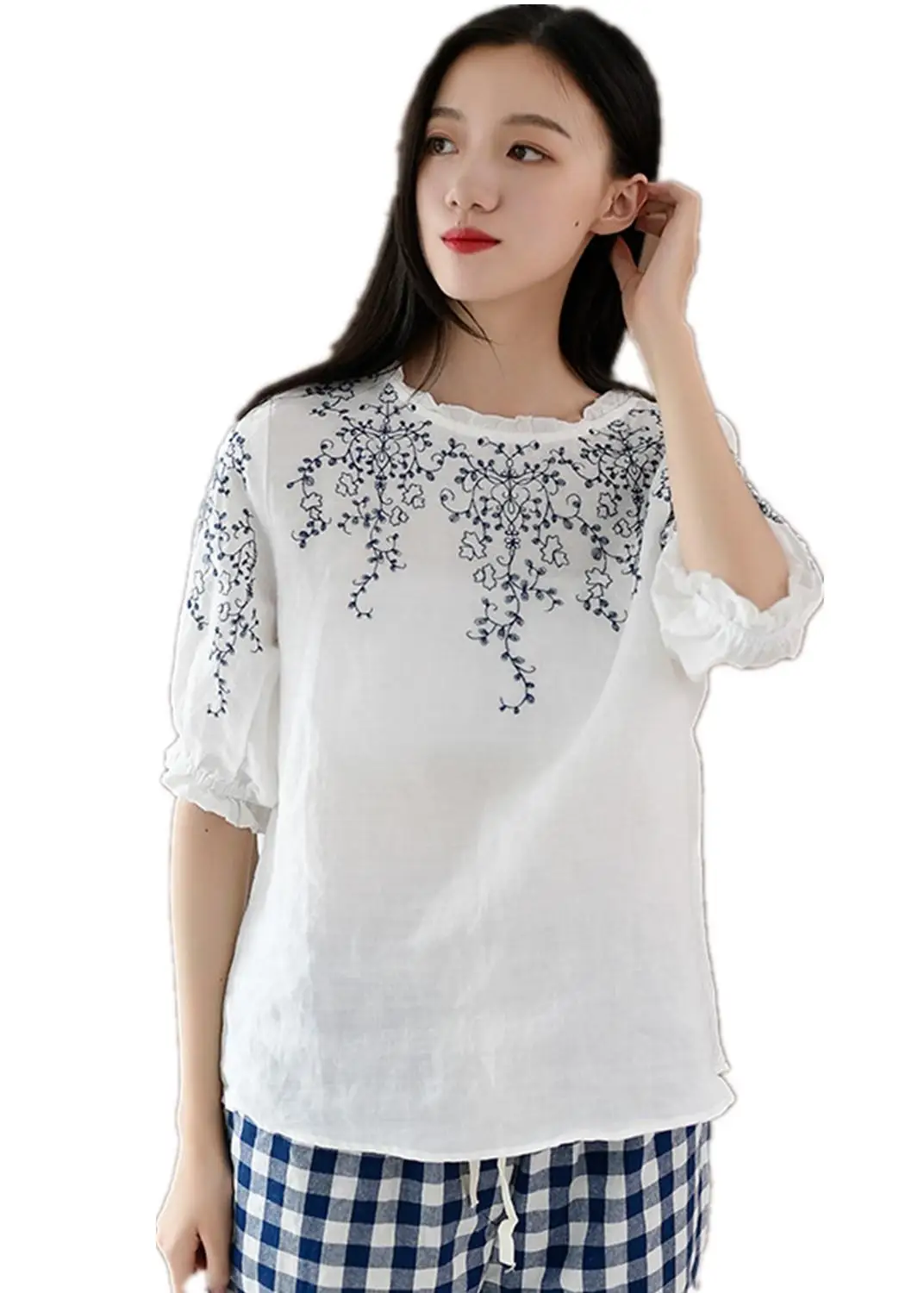 Shanghai Story Linen Cotton Summer Boho Embroidery Chinese Style Tops Shirt Tunic Blouses