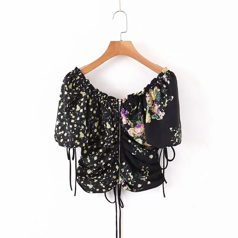 Черная Женская блузка с пышными рукавами шифоновая коротким рукавом Корейская