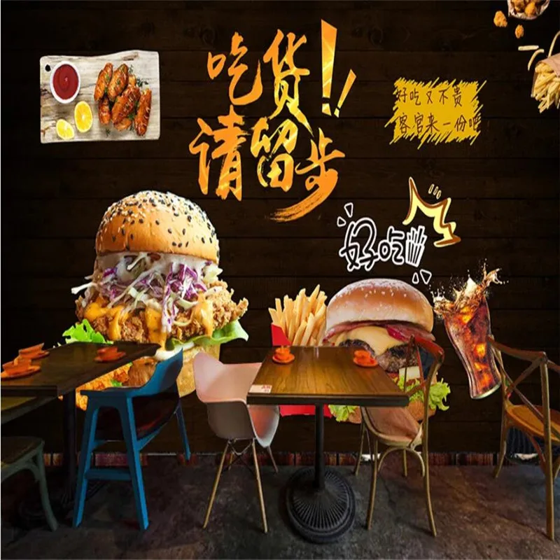 Объемная настенная бумага с изображением гамбургеров на заказ черный фон для