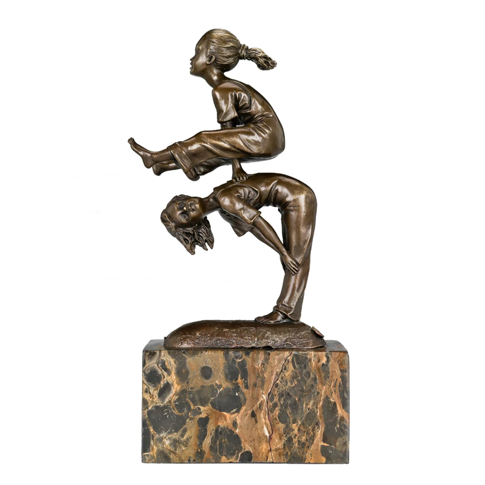 

Girls Playing Vault Bronze Statue Sculpture Bronze Sport Children Figurine Marble Base Antique Art for Kids Gifts