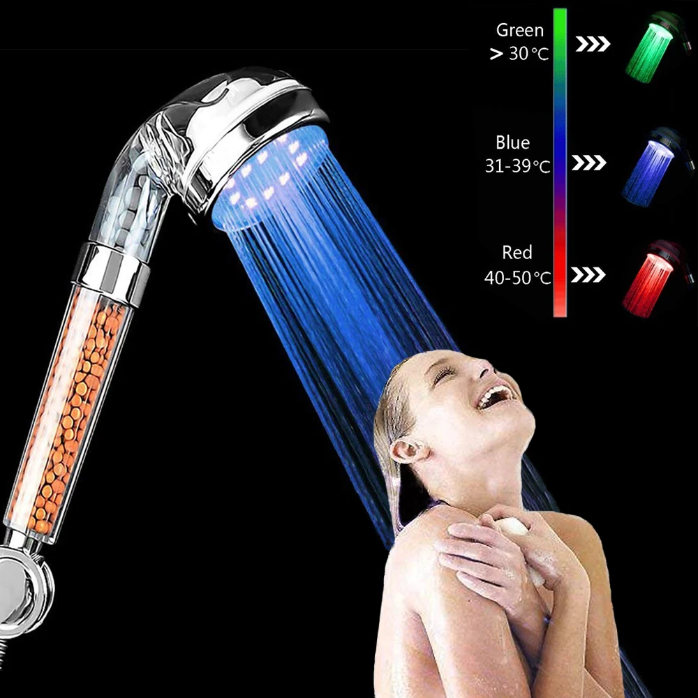 

3 Color Changing LED Shower Head Automatic Temperature-Controlled Colorful Light Anion Filter High Pressure Saving Water Shower