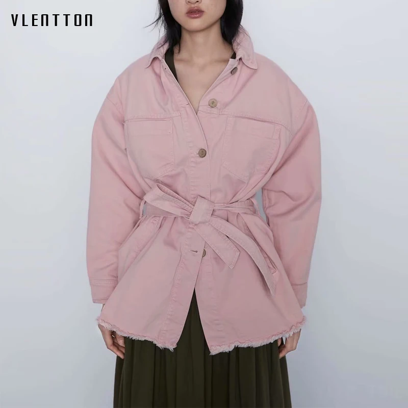 Осенняя джинсовая куртка с поясом Женская однотонная Повседневная Свободная