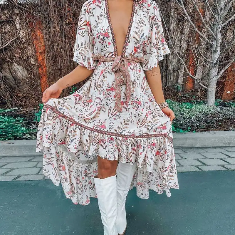 Богемный Вдохновленный кремовый цветочный принт праздничное платье шикарное с