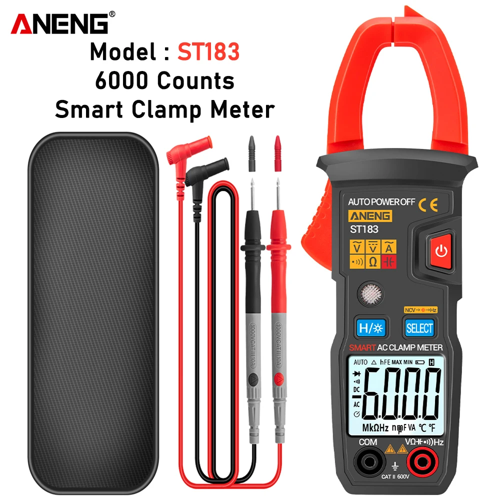 

ANENG ST183 Digital Clamp Meter AC Current 6000 Counts True RMS Multimeter DC/AC Voltage Tester Hz Capacitance NCV Ohm Tests