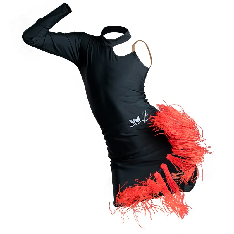 

Latin Dance Dress Kids Tango Rumba Cha Cha Samba Performance Clothing Girls Fashion One-Sleeve Leotard Red Tassel Skirt DN5879