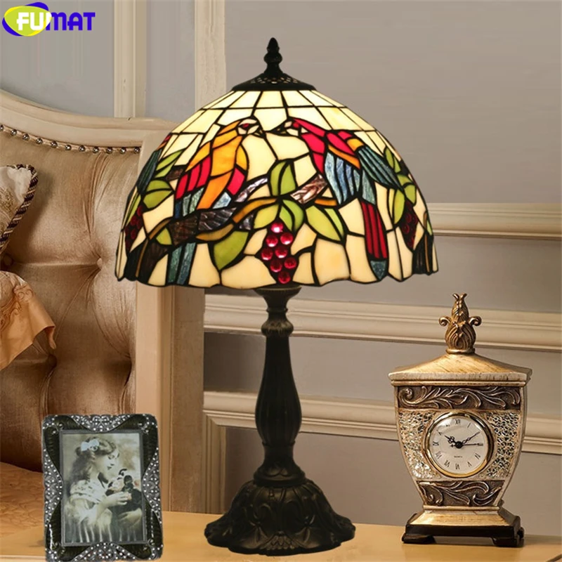 

FUMAT tiffany style desk light lovebird stained glass table lamps 12 inch grape alloy handicraft home decor e14 lighting lamp