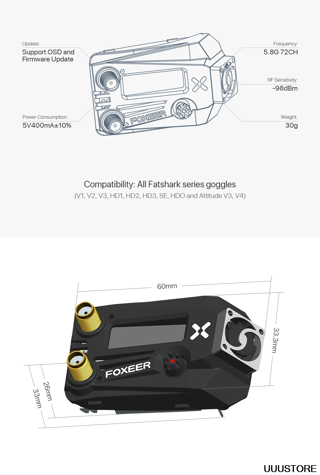 Foxeer Wildfire FPV Goggle 5 8G двойной модуль видеоресивера для Fatshark Dominator все серии V1 V2 V3 V4 HD3