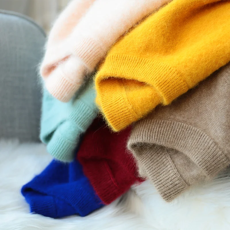 

Winter Sweaters Women Mink Cashmere High O-neck Pullover Sweater Basic Fluffy Warm Raccoon Hari Solid Knit Pullovers Simple Cozy