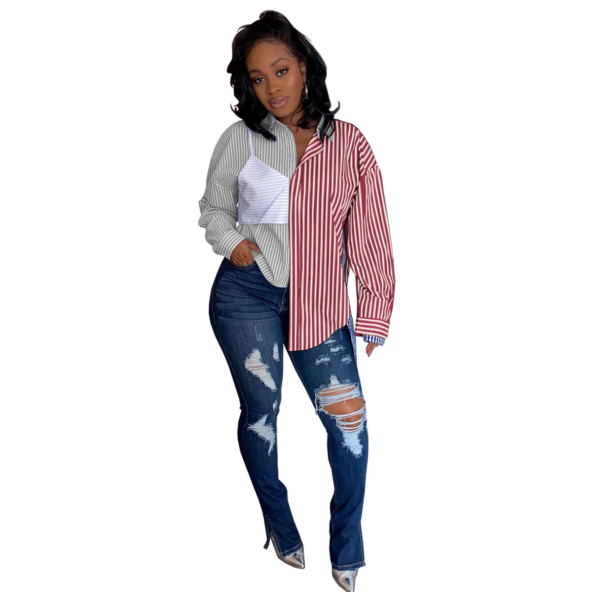 

Blouse Women Stripes Long Sleeves Single-breasted Fashion Turn Down Collar Shirts Office Lady Full Chiffon Spliced Long