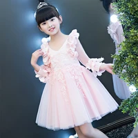 cute new 2022 pink mesh transparent long sleeve flower girls birthday party dresses tutu princess formal dress kids baby clothes