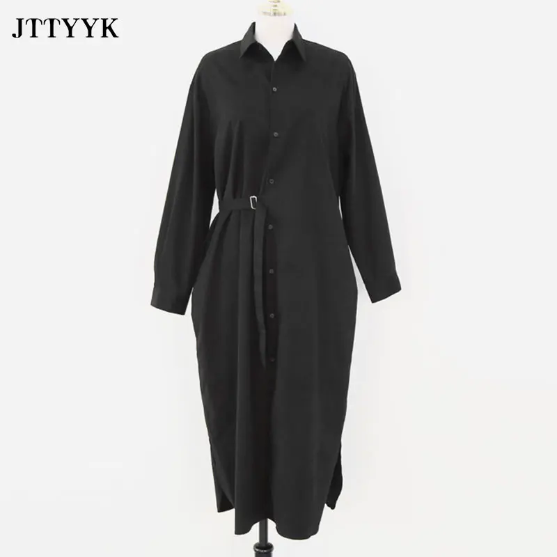 

Korean harajuku Dresses Long Spring Autumn Casual Black vintage Dresses Women 2021 Loose BeltHigh Waist Shirt Dress Long sleeves