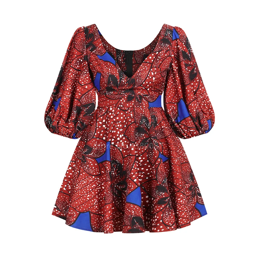 

2020 Fashion Dashiki Print African Traditional Clothes for Women Female Dubai Negerian Short V-neck Sexy Summer Dress Plus Bazin