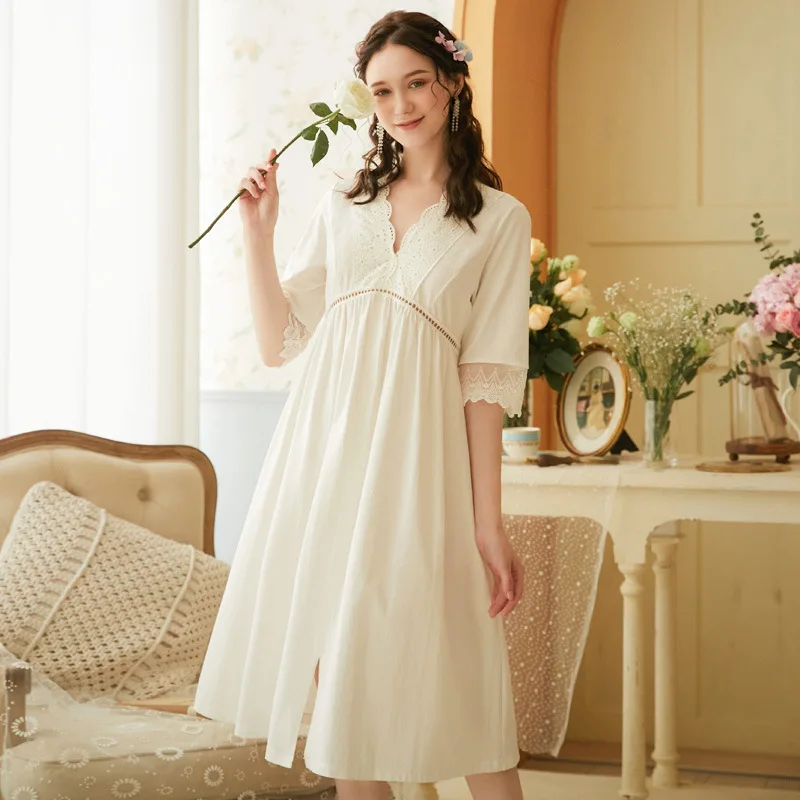 

Sexy Nightdress Vintage Court style Long Nightgown Summer Sleepwear Women Night Wear Sleep Shirt Home Dress Cotton Homewear