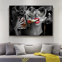 bar wall decor cool smoking and drinking gril poster print on canvas fashion makeup woman wall pictures home decoration no frame