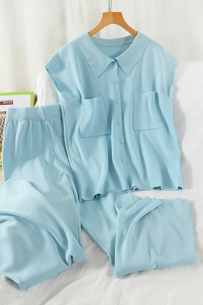 

Korean style chic new fashion suit loose knit sweater top weila casual trousers two-piece female summer