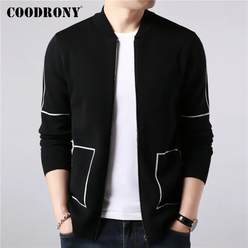 Мужской теплый шерстяной кардиган в полоску на молнии с карманами | Мужская