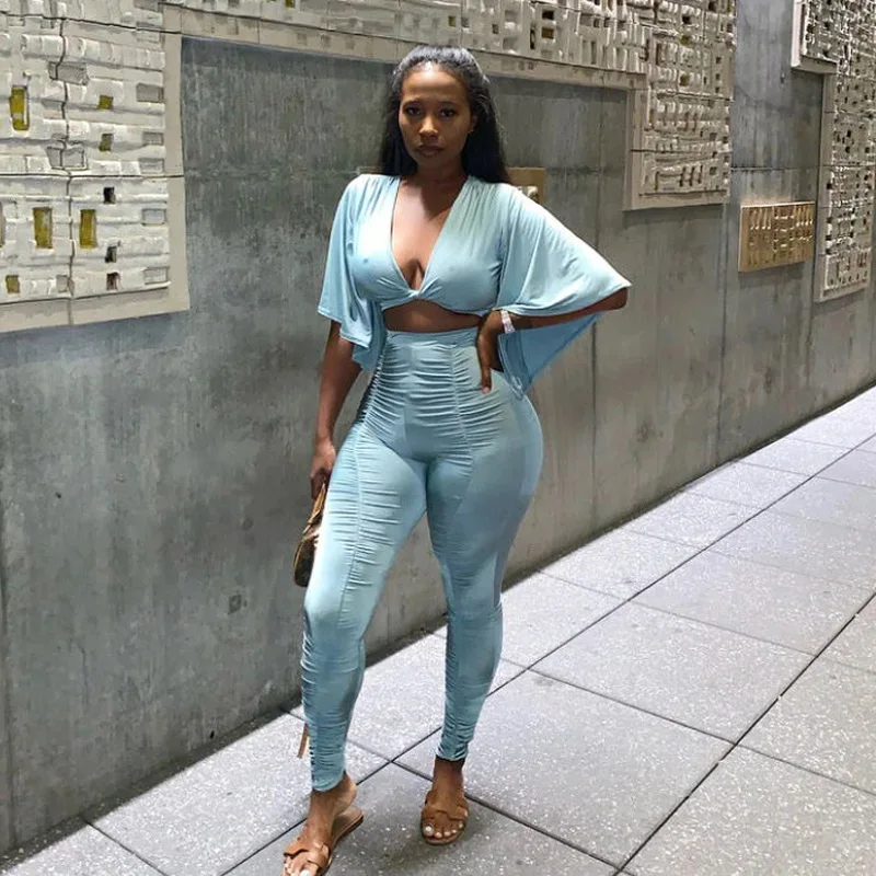

Sexy Twist V Neck Clothes for Women Set Lounge Wear Flare Sleeve Crop Top with Stacked Leggings Bodycon Two Piece Set Outfits