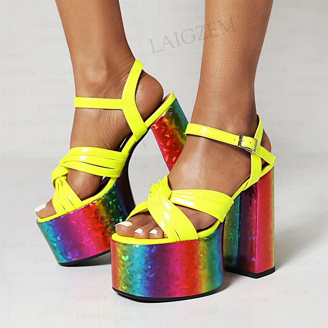 

LAIGZEM Women Sandals Open Toe Rainbow Colors 14CM Block High Heels Pumps Ankle Strap Summer 2022 Shoes Woman Big Size 36 38 43