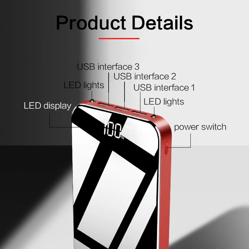 

30000mAh Power Bank Portable Fast Charger Powerbank Mirror Screen External Battery Pack Poverbank For Xiaomi Mi 9 iPhone Samsung