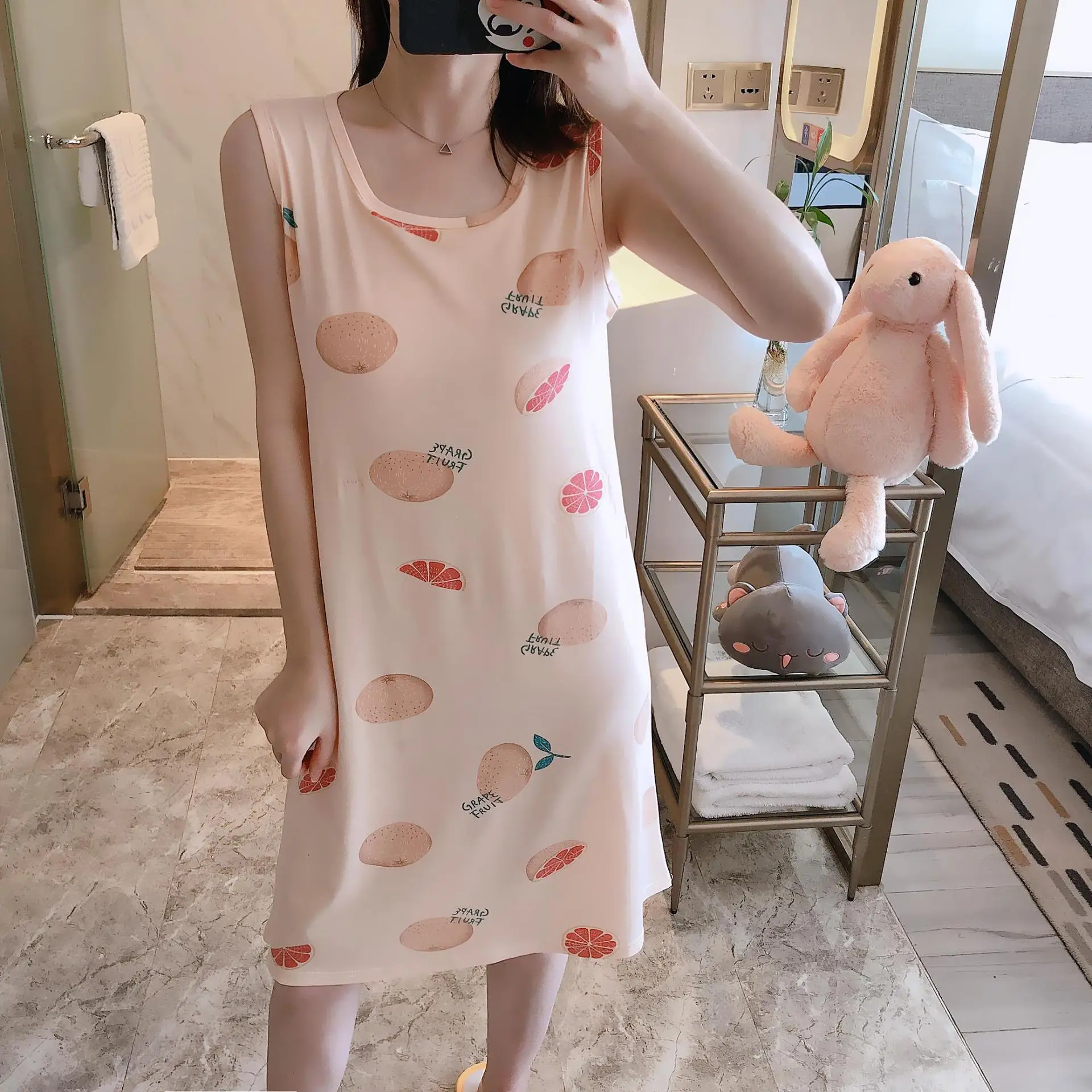 Summer New Vest Medium Length Nightdress Women's Korean  Cute Cartoon Loose Version Female Nightgown Home Wear Sexy Sleepwear