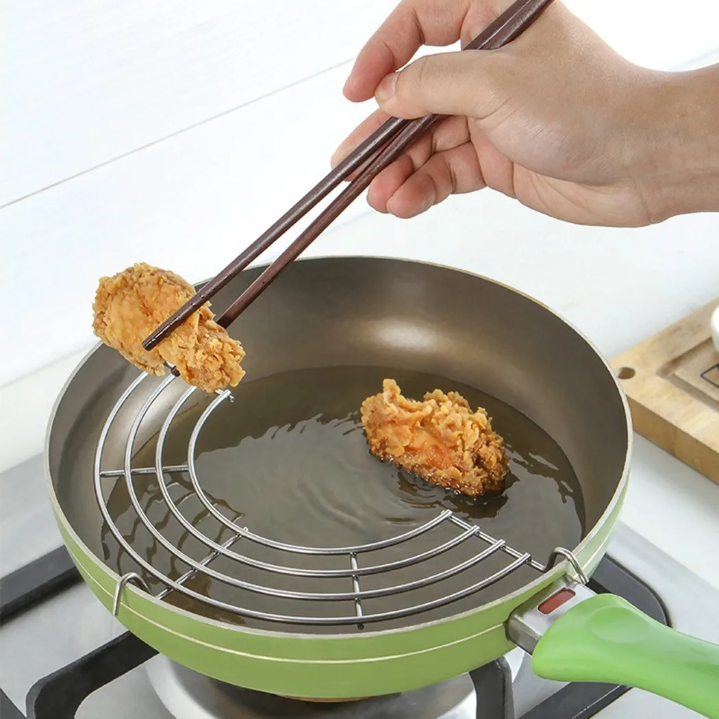 

24/26/30cm Stainless Steel Semi-Circular Frying Pan Oil Drain Rack Shelf Rust-proof Heat-resistance Oil Drain Rack Shelves Tools