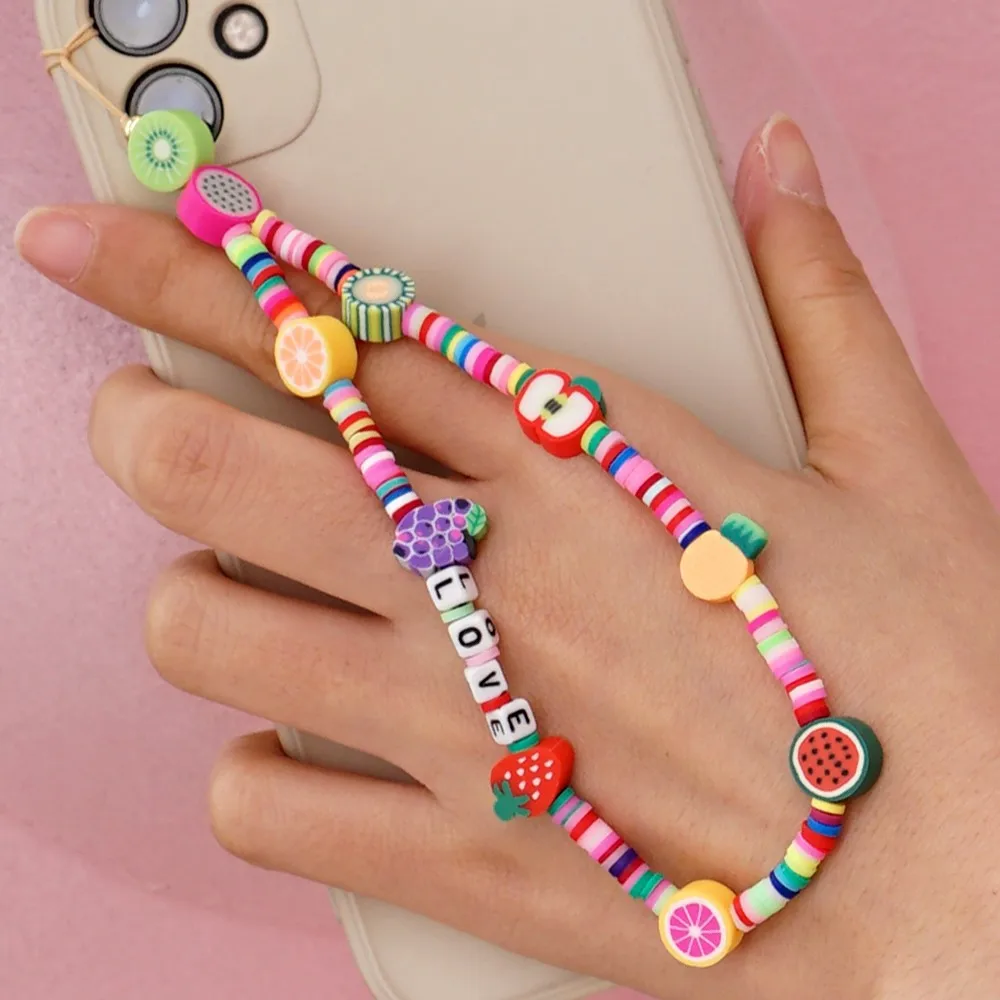 

NEW Wrist Chain For Phone Holder Summer Beach Phone Chains Cute Fruit Strap Women Colorful Polymer Clay Heishi Beads Lanyard