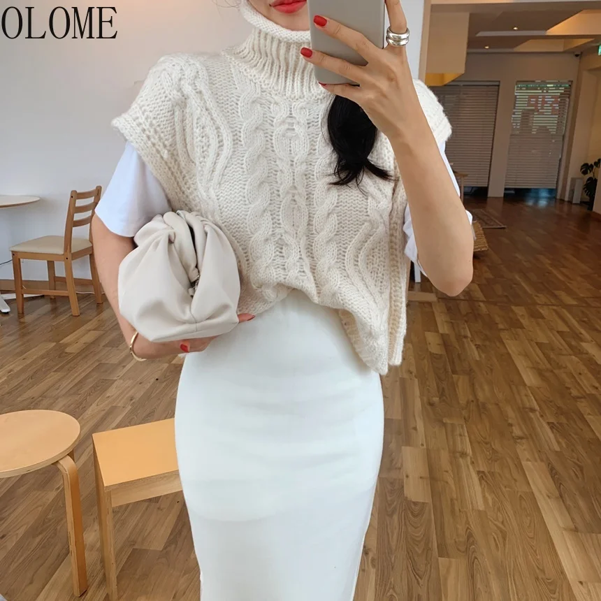 

OLOME Edition Fashion Pure Color Spot Hemp Pattern Diamond Lattice Turtleneck Vest Sweaters Knitted Vest Female Lazy Jumpers