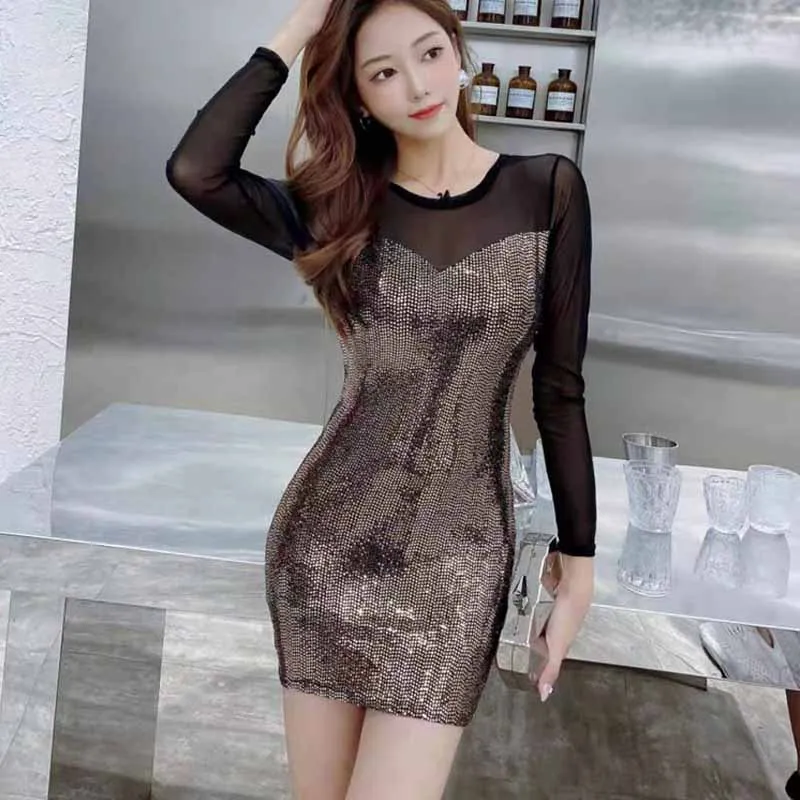 Новые пикантные сетки кружева шить тонкий длинный рукав платье 2021 с блестками