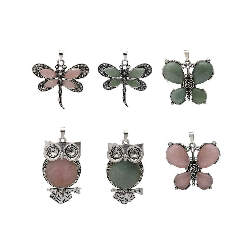 

Natural Stone Cute Owl Dragonfly Butterfly Animal Aventurine Pendants for Necklace Pink Green Crystal Quartz Beads Reiki Jewelry