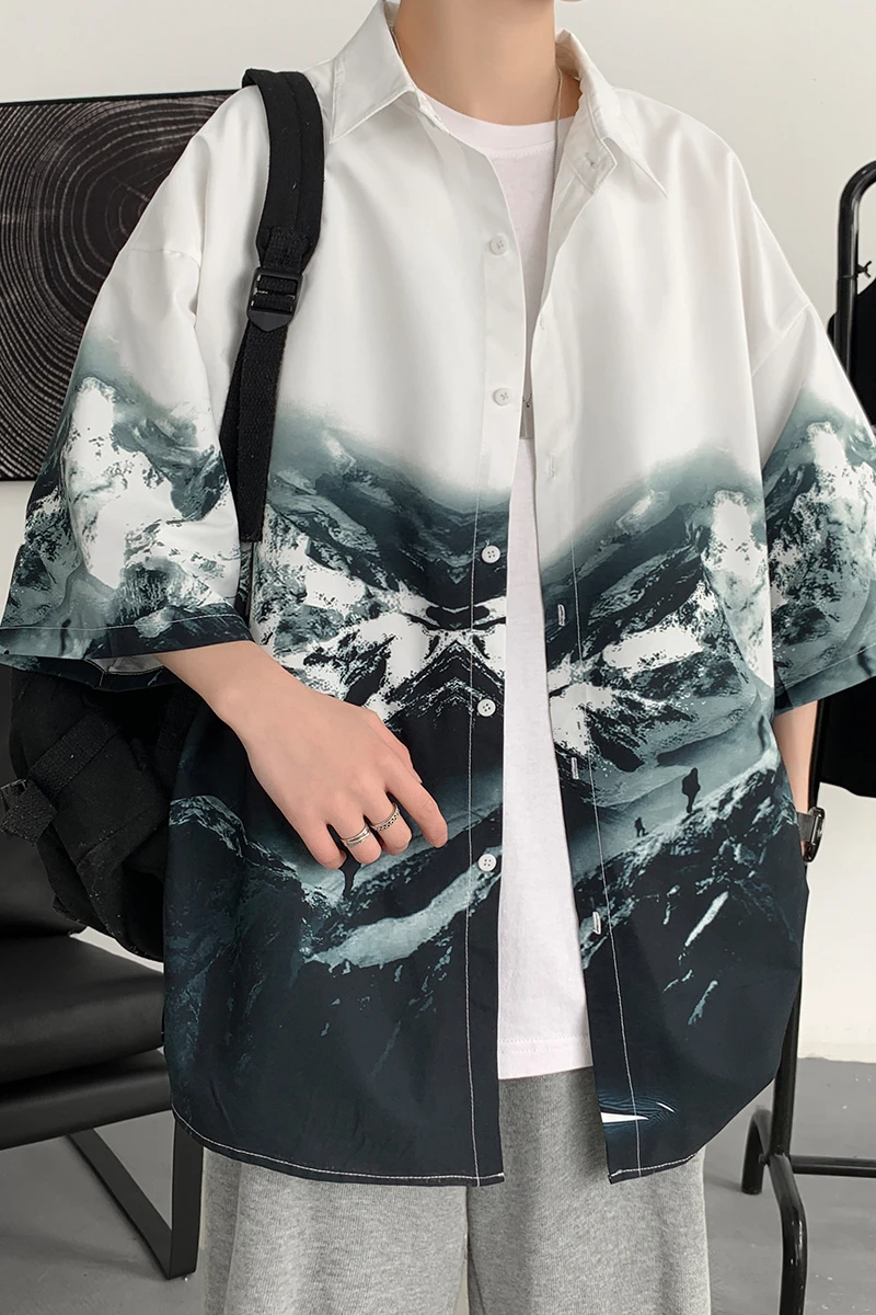 

2021 Summer Loose Lapel Ink Painting Half-Sleeve Shirt Men's Casual Shirt-Jacket Korean Fashion Plus Size Streetwear CS2110-P40
