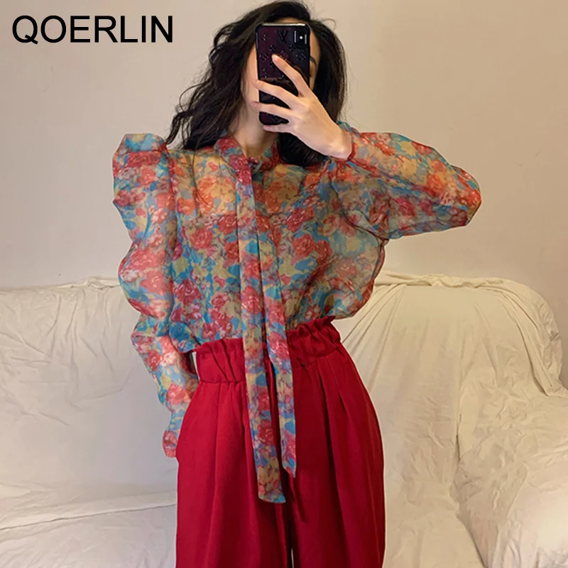 Женская прозрачная блузка с бантом QOERLIN |