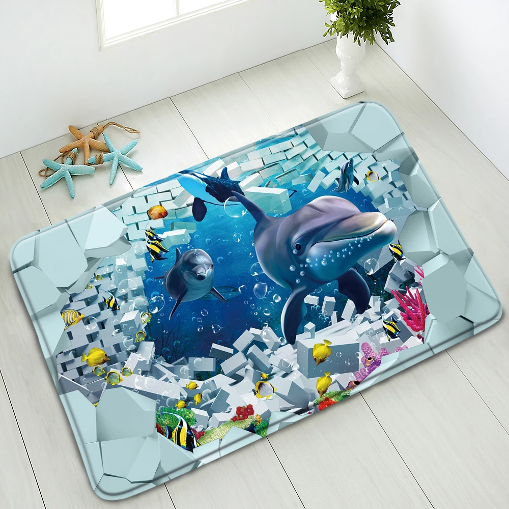 

Non-Slip Bath Mat Dolphin Marine Animal Indoor Home Carpet Bedroom Kitchen Doormat Welcome Mats Washable Foot Pads Absorbent Rug