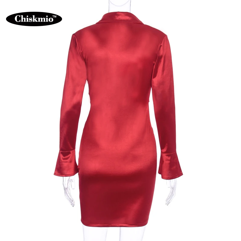 

Sexy Deep V Turn-down Collar Bodycon Pencil Dress Party Satin Lace-up Buttons Flare Sleeve Pleated High Waist Mini Dresses Robes
