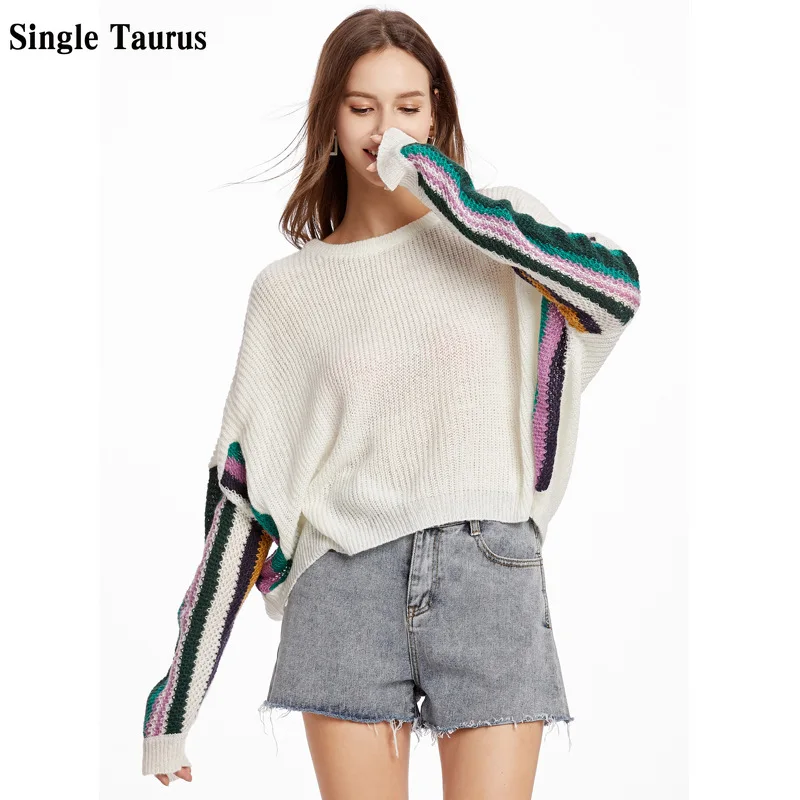 

Female Batwing Sleeve Sweater Fall Thin Loose Casual Streetwear Knitted Sweaters Top Color Stitching Ladies Pullover Cute Tops