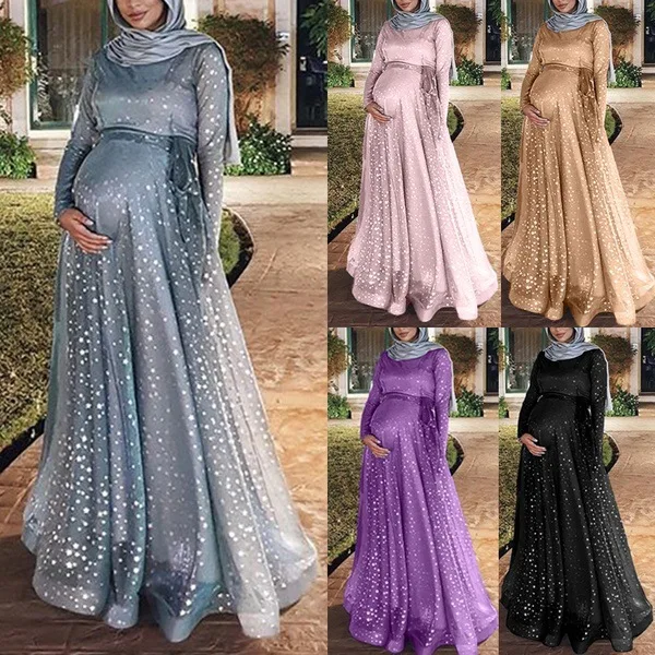 

Explosion models fashion pregnant print sparkling double-layer maternity dress pleated long paragraph comfortable treasure dress