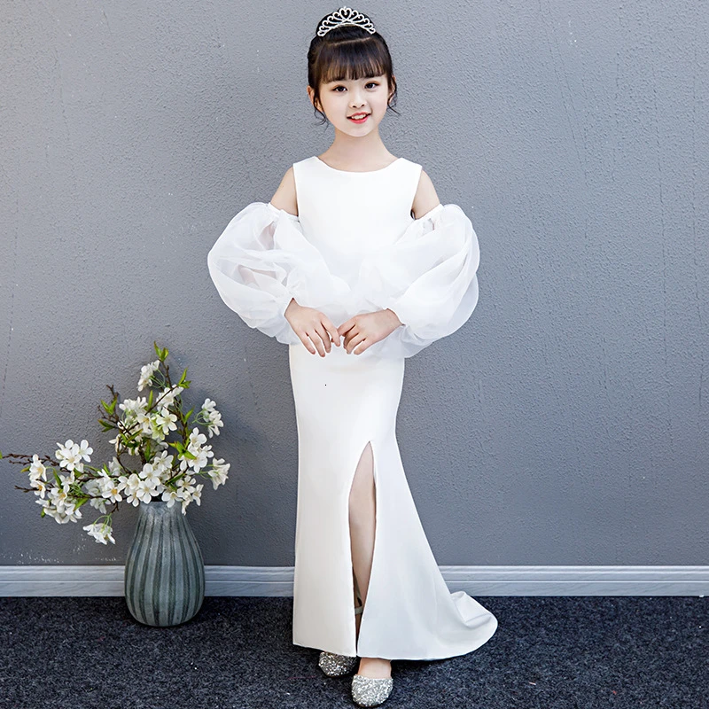 White Tailing Chinese New Year Dress Flower Girl Bell Sleeve Children Evening Dresses Sexy Split Mermaid Oriental Wedding Gowns