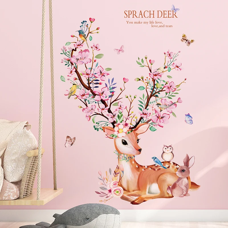 

[shijuekongjian] Deer Rabbit Animal Wall Stickers DIY Flowers Wall Decals for House Kids Rooms Baby Bedroom Nursery Decoration