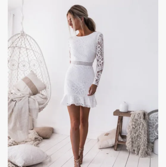 

2018 sexy and club lace hollow out sheath woman dress empire long sleeve O-neck solid backless mini female dress lady