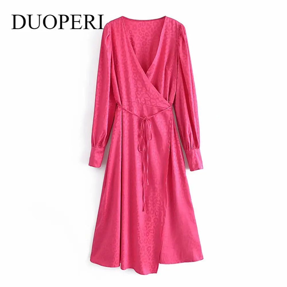 

Женское жаккардовое платье на шнуровке DUOPERI, однотонное винтажное платье миди с длинными рукавами-фонариками и V-образным вырезом, модель 2021...