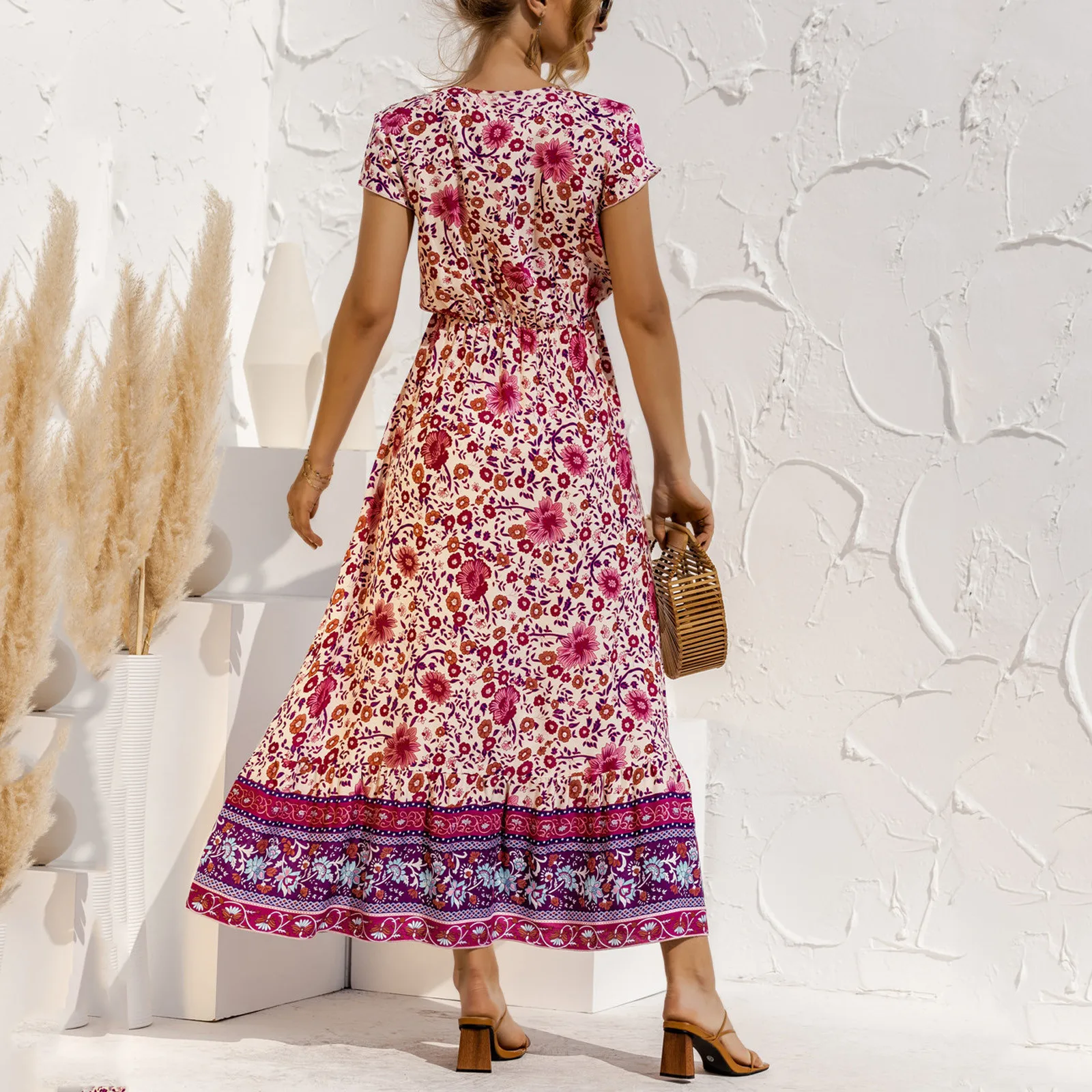 

Fashion Vintage Bohemian Dresses Women Buttons Summer Flora Dress Casual Short Sleeve Bandage Hawaiian Dress