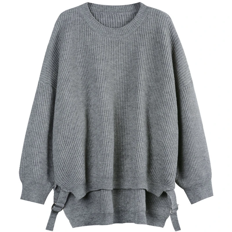 

New autumn and winter 2020, Korean knitted sweater for women, loose crew neck, large size, split solid color top fashion