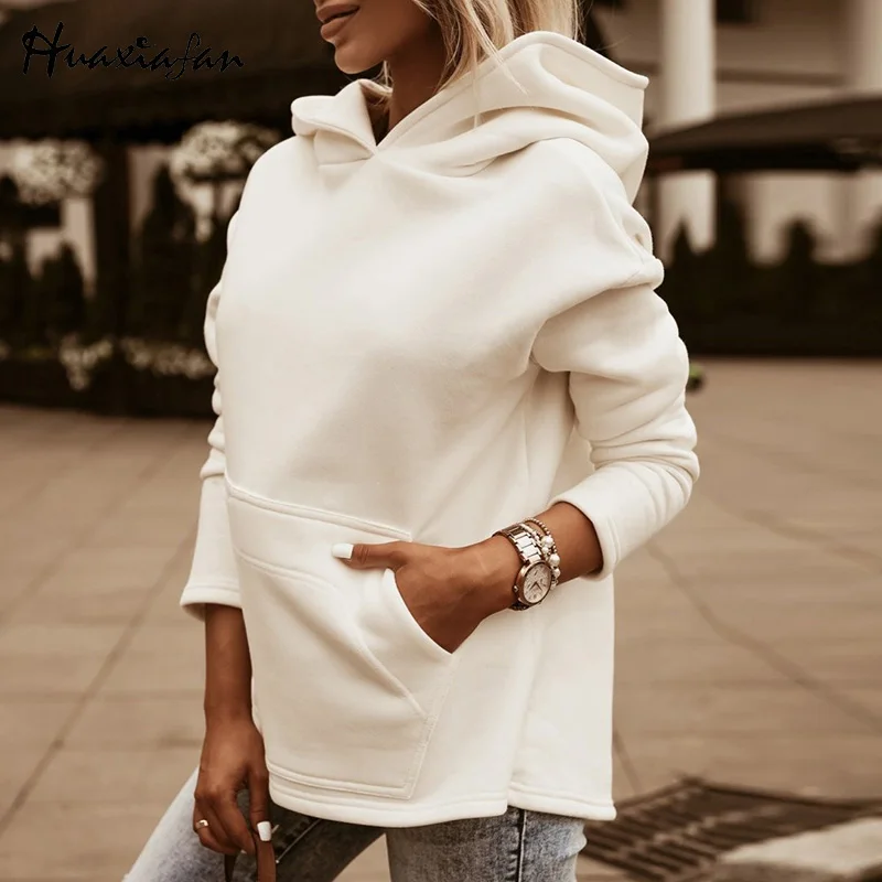

Huaxiafan Solid Top Hoodies with Hat Women Casual Streetwear Ladies Chic Hoodie Tops Female 2020 Spring Autumn New Fashion